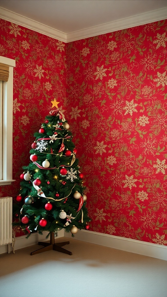 Vintage Christmas Wallpaper Design A cozy room with vintage Christmas wallpaper, decorated tree, and warm holiday atmosphere.